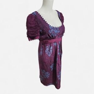 Black Halo Womens Purple Blue Floral 100% Silk Empire Waist Mini Dress Large Y2K